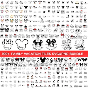 May include: A digital bundle of over 900 SVG and PNG files, showcasing Disney-themed graphics. The designs include Mickey Mouse ears, bows, castle silhouettes, and text elements such as "Disney 2026" and "Family Vacation."