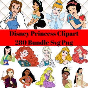 Disney Princess Clipart Bundle – Elsa, Ariel, Moana, Rapunzel, Belle, Cinderella – Color, B&W SVG for Birthday, Cricut, Sublimation Use