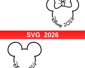 Puede incluir: Contornos en blanco y negro de las cabezas de Mickey Mouse y Minnie Mouse con el texto "Disney 2026". Una pancarta roja muestra "SVG 2026". La cabeza de Minnie Mouse tiene un lazo.