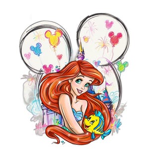 May include: Illustration of Ariel, the Little Mermaid, with flowing red hair, turquoise eyes, and a blue seashell top. She holds a yellow and blue fish, with a castle behind her. The image is framed by Mickey Mouse ears with colourful balloons.