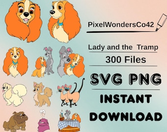 May include: Digital download featuring illustrations of characters from Lady and the Tramp. Includes images of Lady, Tramp, and other characters in SVG and PNG formats. The text reads "Lady and the Tramp 300 Files SVG PNG Instant Download."