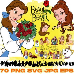Belle en het beest 70 bestanden, Belle PNG SVG, beest Png Svg, kasteel, prinses clipart, handgetekende, decoratie, prinses Belle png, dxf, eps