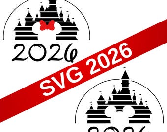 Puede incluir: Diseño de castillo en blanco y negro con un lazo rojo y el año 2026. El diseño incluye el texto "SVG 2026" en una franja diagonal roja. También hay un segundo diseño de castillo con el año 2026.