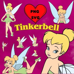Può includere: Una collezione di immagini di cartoni animati di Trilli in varie pose, con capelli biondi, vestiti verdi e ali blu. La parola "Tinkerbell" è in testo giallo, e un cuore rosso con "PNG SVG" è presente.