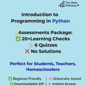 Może przedstawiać: Jasnoniebieska grafika z tekstem "Introduction to Programming in Python". Podkreśla pakiet ocen z ponad 20 sprawdzianami i 6 quizami. Tekst wskazuje również, że jest przyjazny dla początkujących i natychmiast dostępny.