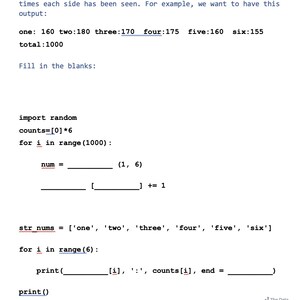 Peut inclure: Un document blanc avec un probl&egrave;me de programmation concernant le lancer d'un d&eacute; 1000 fois et l'impression des r&eacute;sultats. Le texte comprend les mots "un", "deux", "trois", "quatre", "cinq" et "six", ainsi qu'un extrait de code Python avec des blancs &agrave; remplir.
