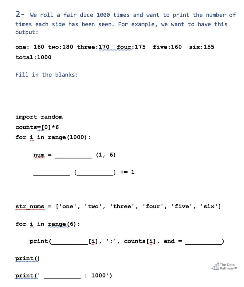 Peut inclure: Un document blanc avec un probl&egrave;me de programmation concernant le lancer d'un d&eacute; 1000 fois et l'impression des r&eacute;sultats. Le texte comprend les mots "un", "deux", "trois", "quatre", "cinq" et "six", ainsi qu'un extrait de code Python avec des blancs &agrave; remplir.