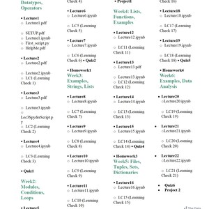 Peut inclure: Un guide d'&eacute;tude d&eacute;taill&eacute; pour un cours de programmation, avec des sujets tels que les types de donn&eacute;es, les listes, les fonctions et l'analyse de donn&eacute;es. Le texte est organis&eacute; par semaine, avec des devoirs et des cours.