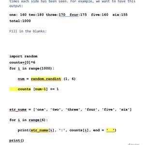 Peut inclure: Une page blanche avec du code Python d&eacute;montrant une simulation de lancer de d&eacute;s. Le texte comprend des instructions, un exemple de sortie et des extraits de code avec des sections en surbrillance. Le total est de 1000.