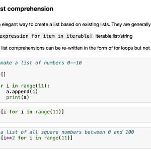 Peut inclure: Document blanc intitul&eacute; "List comprehension" avec des exemples de code Python. Le texte explique la cr&eacute;ation de listes avec des listes en compr&eacute;hension, avec des extraits de code montrant comment cr&eacute;er des listes de nombres.