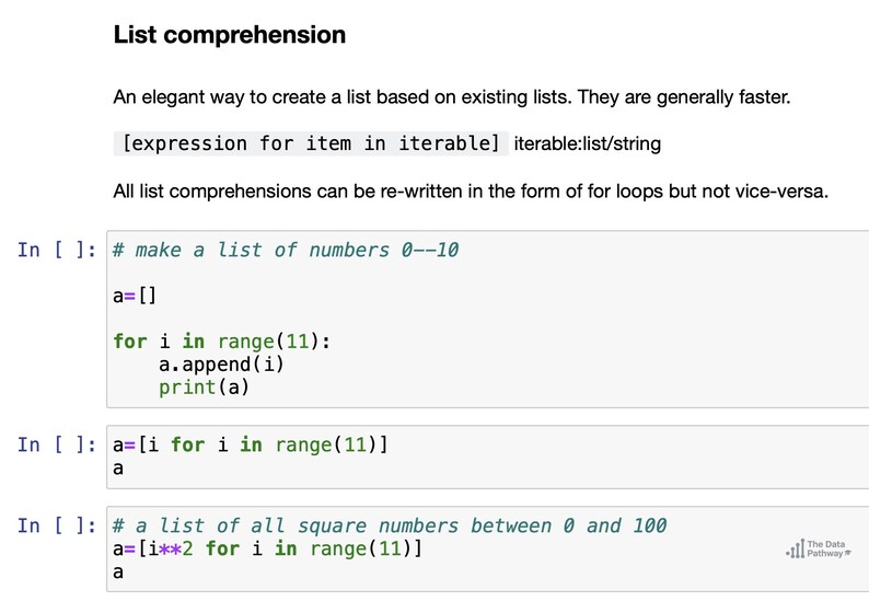 Peut inclure: Document blanc intitul&eacute; "List comprehension" avec des exemples de code Python. Le texte explique la cr&eacute;ation de listes avec des listes en compr&eacute;hension, avec des extraits de code montrant comment cr&eacute;er des listes de nombres.
