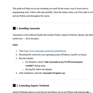 Peut inclure: Un guide pour configurer des outils de programmation, notamment l'installation d'Anaconda et le lancement de Jupyter Notebook. Les instructions incluent la visite d'un site web, le t&eacute;l&eacute;chargement de logiciels et l'ex&eacute;cution d'un installateur. Texte noir sur fond blanc.
