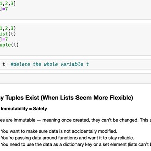 Peut inclure: Capture d'&eacute;cran de code Python et d'explications. Le code montre l'utilisation de tuples et de listes, avec des commentaires expliquant l'immutabilit&eacute; et la s&eacute;curit&eacute;. Le texte comprend le titre "Pourquoi les tuples existent (quand les listes semblent plus flexibles)".