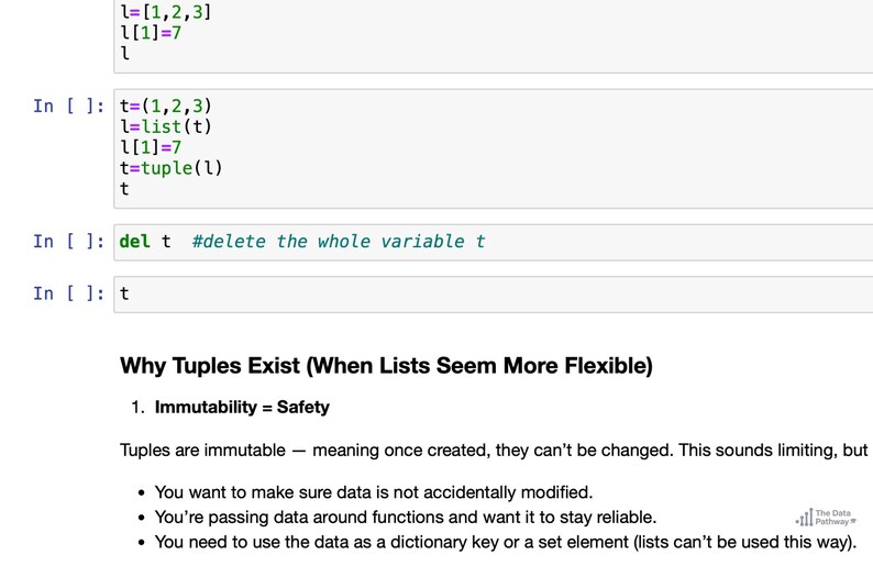 Peut inclure: Capture d'&eacute;cran de code Python et d'explications. Le code montre l'utilisation de tuples et de listes, avec des commentaires expliquant l'immutabilit&eacute; et la s&eacute;curit&eacute;. Le texte comprend le titre "Pourquoi les tuples existent (quand les listes semblent plus flexibles)".