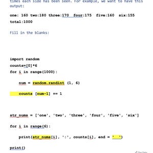 Op de afbeelding: Een witte pagina met Python-code die een dobbelsteenworp-simulatie demonstreert. De tekst bevat instructies, een voorbeeld van uitvoer en codefragmenten met gemarkeerde secties. Het totaal is 1000.