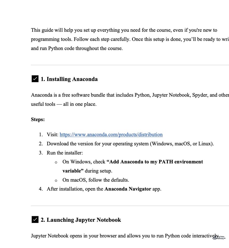 K&ouml;nnte beinhalten: Eine Anleitung zum Einrichten von Programmiertools, einschlie&szlig;lich der Installation von Anaconda und dem Start von Jupyter Notebook. Anweisungen umfassen den Besuch einer Website, das Herunterladen von Software und das Ausf&uuml;hren eines Installers.