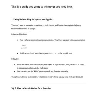 Peut inclure: Document blanc avec texte noir. Guide sur l'utilisation de l'aide int&eacute;gr&eacute;e dans Jupyter et Spyder. Instructions pour acc&eacute;der &agrave; la documentation et rechercher des fonctions.