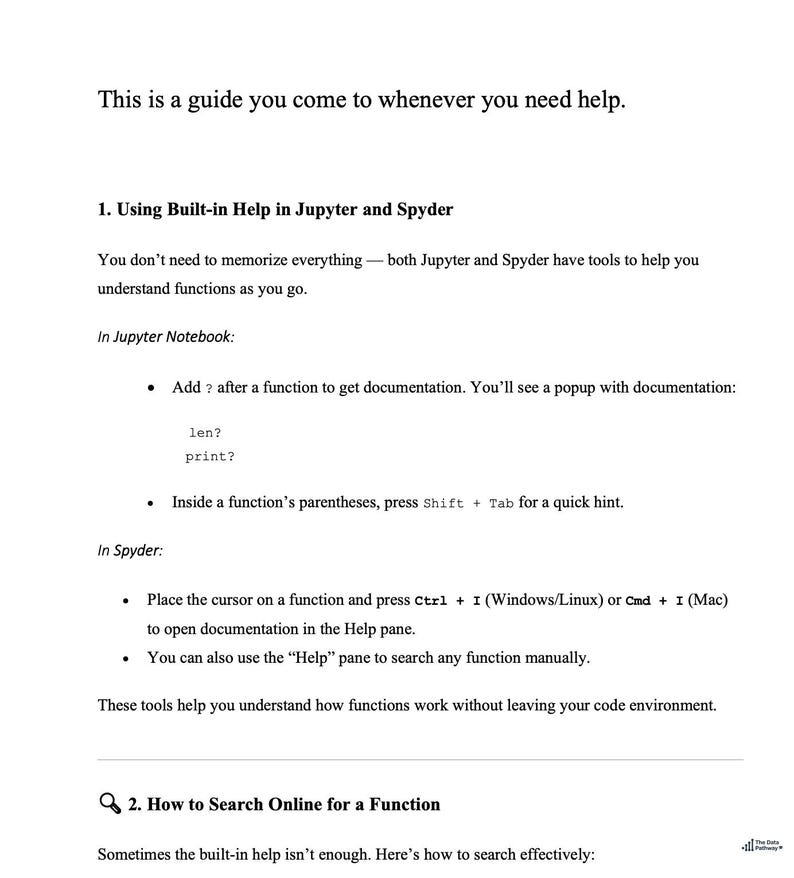 K&ouml;nnte beinhalten: Ein wei&szlig;es Dokument mit schwarzem Text, das eine Anleitung zur Verwendung der integrierten Hilfe in Jupyter und Spyder bietet. Der Text enth&auml;lt Anweisungen zum Zugriff auf Dokumentation und zur Suche nach Funktionen.