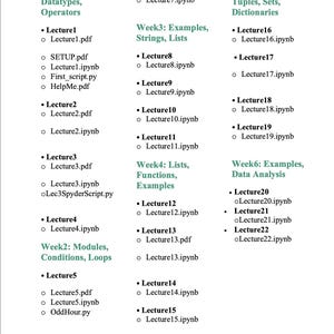 K&ouml;nnte beinhalten: Ein wei&szlig;es Dokument mit einem t&uuml;rkisfarbenen Header, das Themen f&uuml;r einen Datenanalyse-Kurs auflistet. Themen sind grundlegende Datentypen, Strings, Listen, Funktionen und Beispiele. Das Dokument ist nach Wochen geordnet.