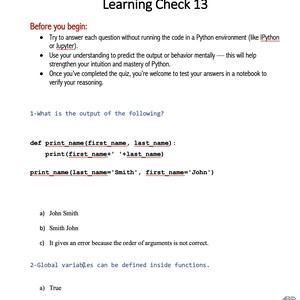 以下が含まれることがあります： 「Learning Check 13」というタイトルの白いページ。Pythonプログラミングクイズが含まれています。クイズにはコードスニペットと、コードの出力に関する多肢選択問題が含まれています。