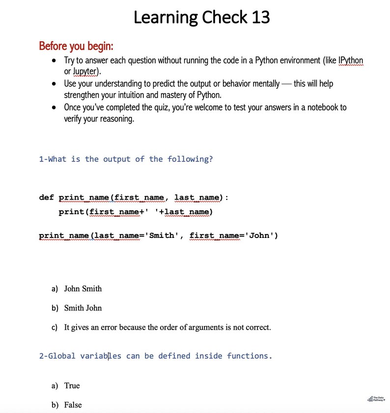 以下が含まれることがあります： 「Learning Check 13」というタイトルの白いページ。Pythonプログラミングクイズが含まれています。クイズにはコードスニペットと、コードの出力に関する多肢選択問題が含まれています。