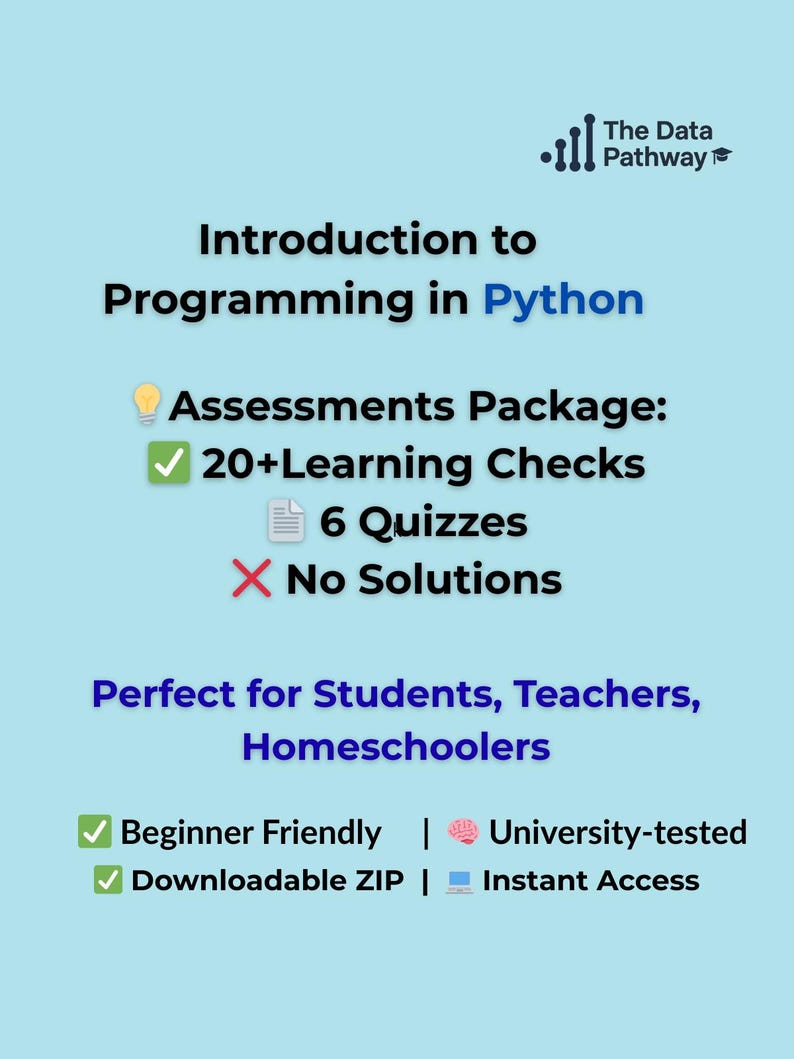 以下が含まれることがあります： 「Introduction to Programming in Python」と書かれた水色のグラフィック。20以上の学習チェックと6つのクイズを含む評価パッケージを強調しています。初心者向けで、すぐにアクセスできることも記載されています。