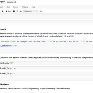 May include: A screenshot of a Jupyter Notebook interface, displaying Python code for a programming exercise. The code defines a function to identify palindromic numbers and includes test cases. The notebook's title is "Homework4".