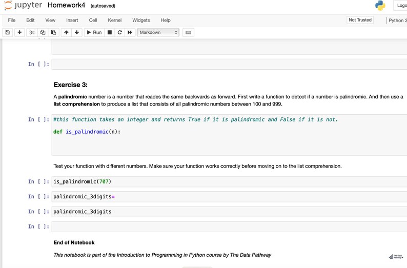 May include: A screenshot of a Jupyter Notebook interface, displaying Python code for a programming exercise. The code defines a function to identify palindromic numbers and includes test cases. The notebook's title is "Homework4".