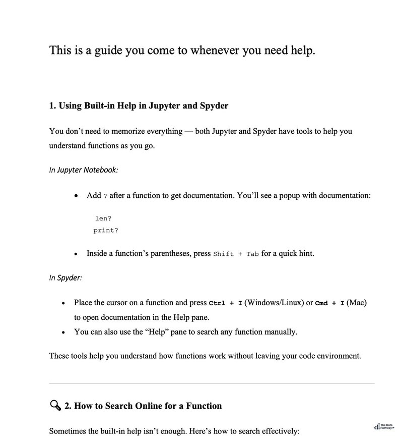 May include: A white document with black text providing a guide on using built-in help in Jupyter and Spyder. The text includes instructions on how to access documentation and search for functions.