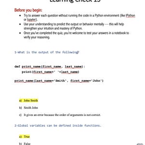 Op de afbeelding: Een wit document getiteld "Learning Check 13" met Python-codevoorbeelden en meerkeuzevragen. De tekst bevat instructies om de vragen op te lossen zonder de code uit te voeren.