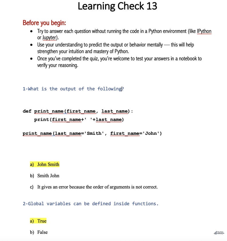 Op de afbeelding: Een wit document getiteld "Learning Check 13" met Python-codevoorbeelden en meerkeuzevragen. De tekst bevat instructies om de vragen op te lossen zonder de code uit te voeren.