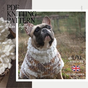 Puede incluir: Un bulldog francés con un suéter de perro tejido a mano. El suéter es blanco, marrón y beige con un diseño de chevron. La imagen incluye texto que dice "PDF Knitting Pattern" y "English Version".