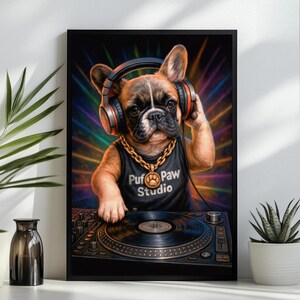 Plakat ścienny z buldogiem francuskim | Dekoracja DJ-a | Prezent dla miłośników muzyki | Jakość PNG 300 DPI (plik ZIP) | Natychmiastowe pobranie