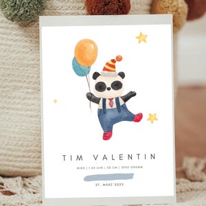 Personalisierbares Geburtsposter Panda | Geschenk zur Geburt | Pandabär mit Ballons | Namensposter | Individuelles Geburtsdaten Poster
