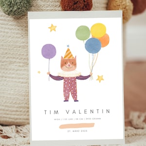 Personalisierbares Geburtsposter Clown Katze Geburtstagsparty | Geschenk zur Geburt | Namensposter | Individuelles Geburtsdaten Poster Print