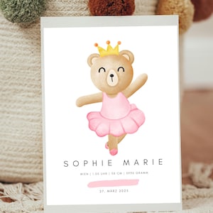 Personalisierbares Geburtsposter Ballerina Teddybär | Kinderzimmer Deko Mädchen | Geburt Namensposter | Individuelles Geburtsdaten Poster
