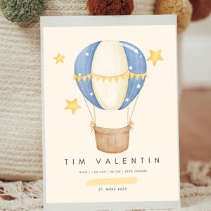 Personalisierbares Geburtsposter Heißluftballon Blaue Sterne | Geschenk Geburt | Traumhaft Namensposter | Individuelles Geburtsdaten Poster
