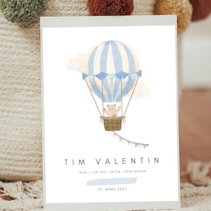 Personalisierbares Geburtsposter Heißluftballon Teddybär | Geschenk zur Geburt | Namensposter | Individuelles Geburtsdaten Poster