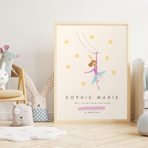 Personalisierbares Geburtsposter Trapezkünstlerin Zirkus | Mädchen Zimmer Deko | Geburt Namensposter | Individuelles Geburtsdaten Poster