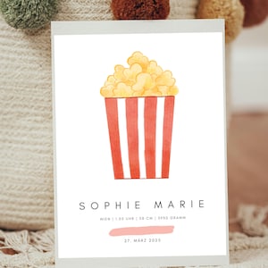 Personalisierbares Geburtsposter Popkorn | Geschenk zur Geburt | Namensposter | Individuelles Geburtsdaten Poster | Film Poster | Kino Look