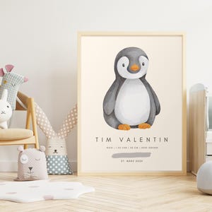 Personalisierbares Geburtsposter Pinguin | Süßes Wandbild | Baby Zimmer Deko | Geburt Namensposter | Individuelles Geburtsdaten Poster
