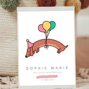 Personalisierbares Geburtsposter Dackel mit Ballons | Hund Kinderzimmer Deko | Geburt Namensposter | Individuelles Geburtsdaten Poster