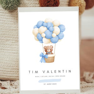 Personalisierbares Geburtsposter Luftballon Teddybär Fahrt | Geschenk zur Geburt | Namensposter | Individuelles Geburtsdaten Poster Print