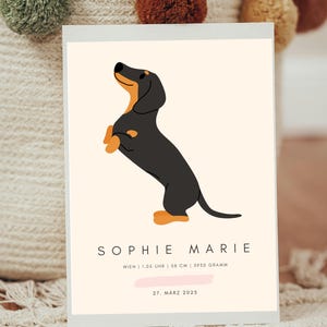 Personalisierbares Geburtsposter Dackel Hund | Geschenk Geburt | Verspieltes Tier Motiv Namensposter | Individuelles Geburtsdaten Poster