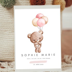 Personalisierbares Geburtsposter Teddybär Ballons | Baby Kinderzimmer Deko | Geburt Namensposter | Individuelles Geburtsdaten Poster