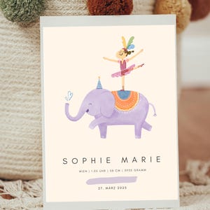 Personalisierbares Geburtsposter Elefant Ballerina | Süßes Baby Zimmer Deko Zirkus | Geburt Namensposter | Individuelles Geburtsdaten Poster
