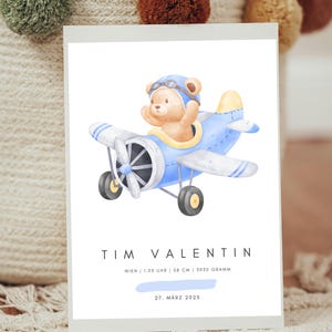 Personalisierbares Geburtsposter Flugzeug Teddybär | Abenteuer Kinderzimmer Deko | Geburt Namensposter | Individuelles Geburtsdaten Poster