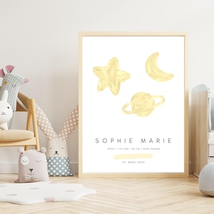 Personalisierbares Geburtsposter Stern Mond Planet | Weltall Kinderzimmer Deko | Geburt Namensposter | Individuelles Geburtsdaten Poster