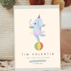 Personalisierbares Geburtsposter Elefant auf Ball  | Baby Wandbild Zirkus | Geschenk Geburt Namensposter | Individuelles Geburtsdaten Poster