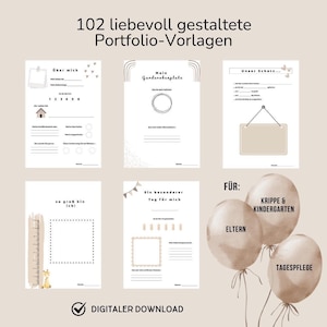 Op de afbeelding: Een digitale download van 102 portfolio-sjablonen. De sjablonen bevatten pagina's voor persoonlijke informatie, groeigrafieken en speciale gelegenheden. De afbeelding toont ook ballonnen met de woorden "Ouders", "Kinderopvang" en "Kleuterschool".